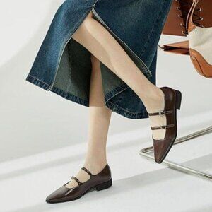 FOWT Dark Brown Square Toe Mary Janes Double Straps Comfy Pumps Street Shoes